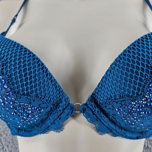 Victorias Secret Bra Womens 32C Blue Very Sexy Push Up Underwire Padded Lace - Picture 4 of 15